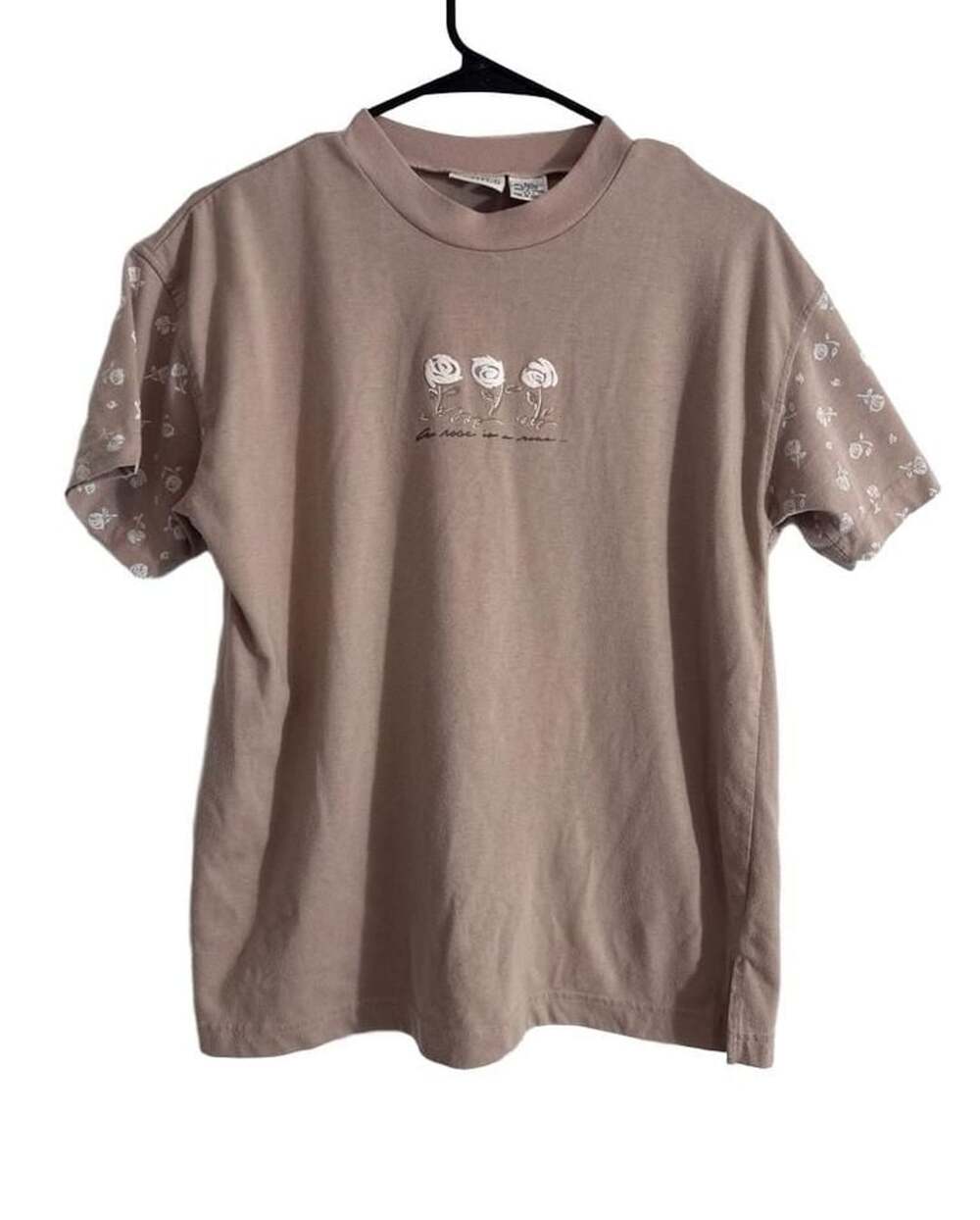 Just For Petites Vintage 90s Taupe Floral Rose Short Sleeve T-Shirt Petite PM